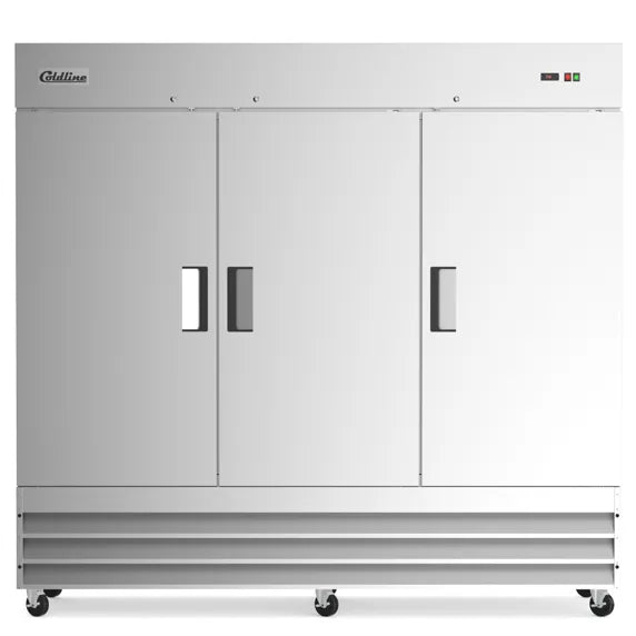Coldline C-3FF 81-inch three-door commercial reach-in freezer in stainless steel, built for restaurant kitchens to store frozen foods with consistent low temperatures and easy organized access.