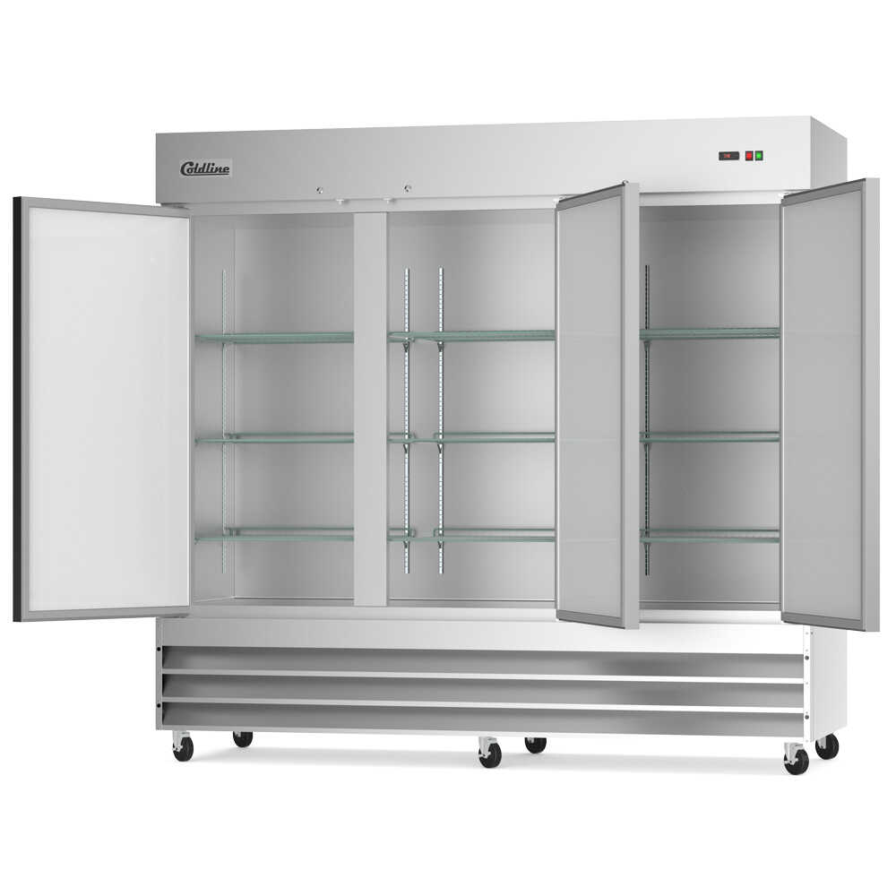 Three-door 81-inch reach-in freezer with a 32-inch depth, stainless steel interior and exterior, and a 66.5 cubic foot storage capacity.