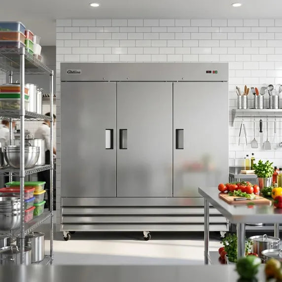 Coldline C-3FF 81-inch three-door commercial reach-in freezer in stainless steel, built for restaurant kitchens to store frozen foods with consistent low temperatures and easy organized access.