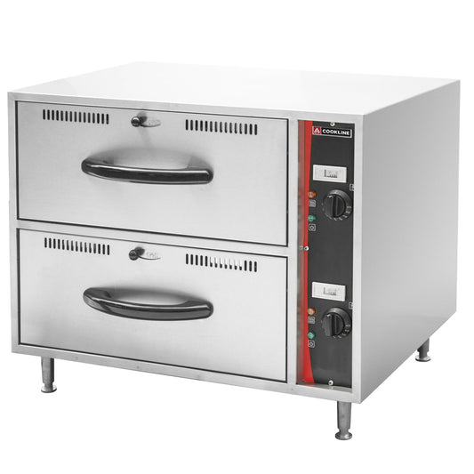 Cookline C-DW-2 double freestanding stainless steel drawer warmer 120V for keeping food hot and ready to serve in restaurants cafes and catering environments