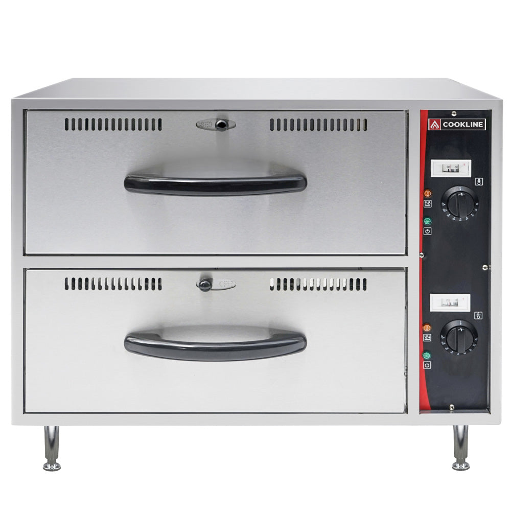 Cookline C-DW-2 double freestanding stainless steel drawer warmer 120V for keeping food hot and ready to serve in restaurants cafes and catering environments