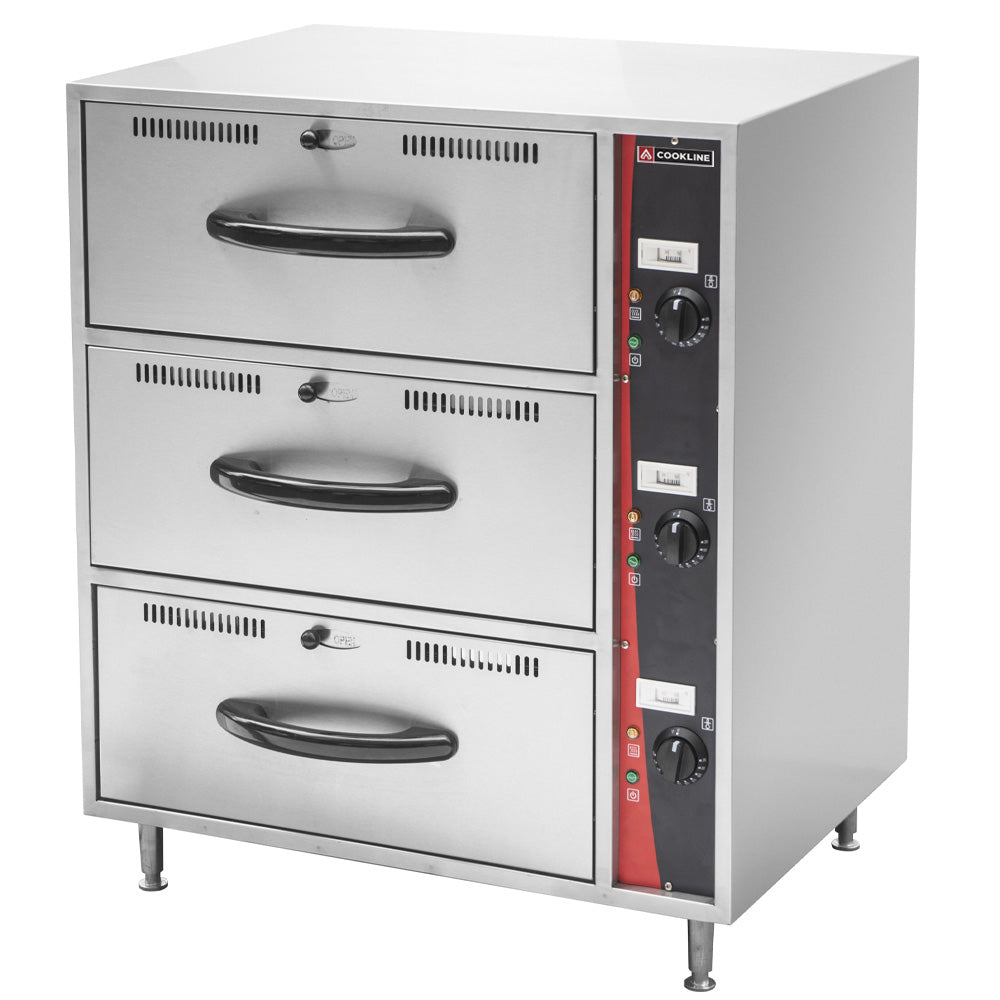 Cookline C-DW-3 triple freestanding stainless steel drawer warmer 120V for keeping food hot and ready to serve in restaurants cafes and catering environments