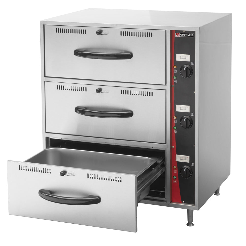 Cookline C-DW-3 triple freestanding stainless steel drawer warmer 120V for keeping food hot and ready to serve in restaurants cafes and catering environments