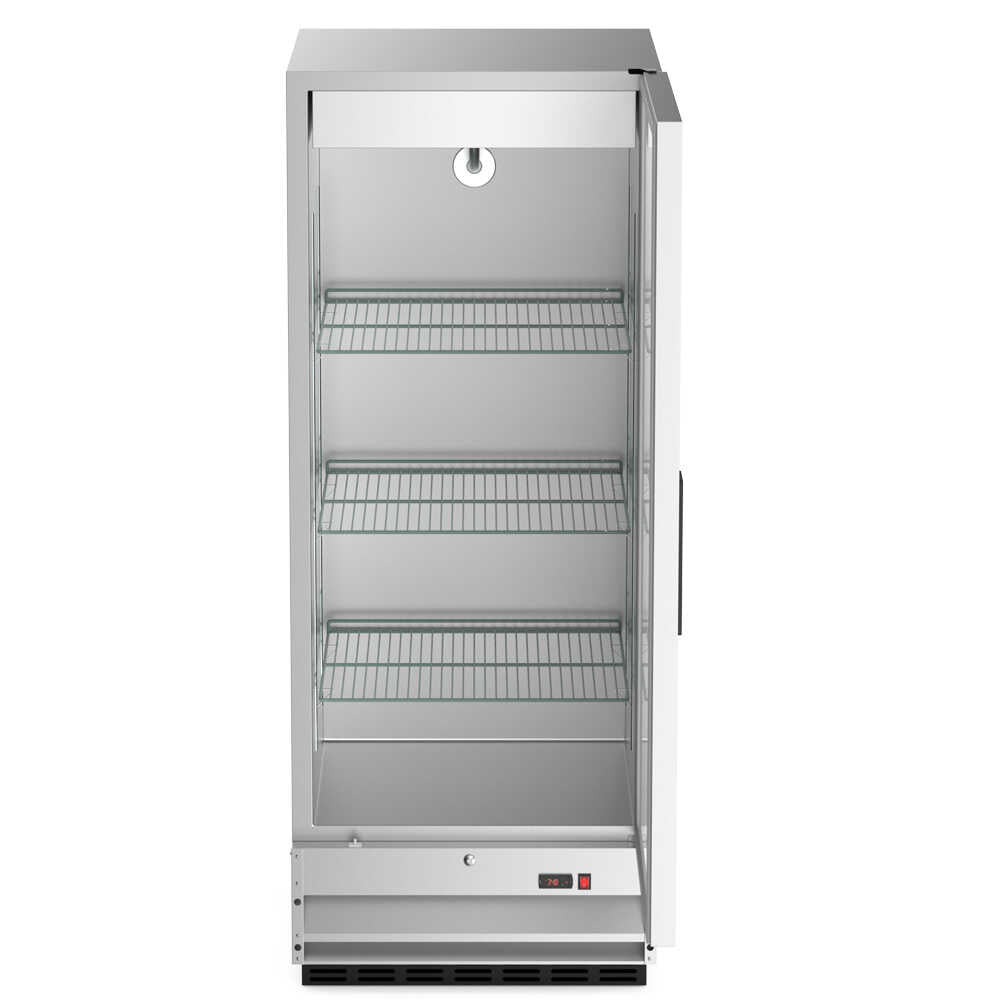 Single-door reach-in refrigerator with a 25-inch width, 23.5-inch narrow depth, and 64.7-inch height, featuring a stainless steel interior and exterior. It has an 11 cubic foot capacity for storage.