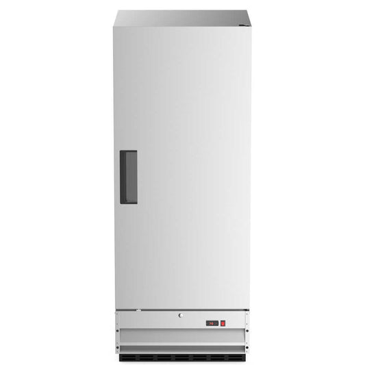 Single-door 25-inch reach-in freezer with a 23.5-inch narrow depth, 64.7-inch height, and stainless steel interior and exterior.