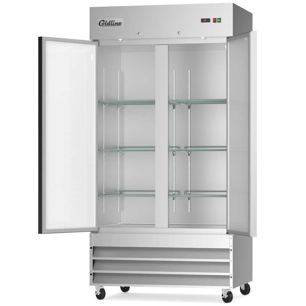 Coldline solid double-door commercial reach-in refrigerator with a spacious design, featuring stainless steel construction and ample storage for commercial use.