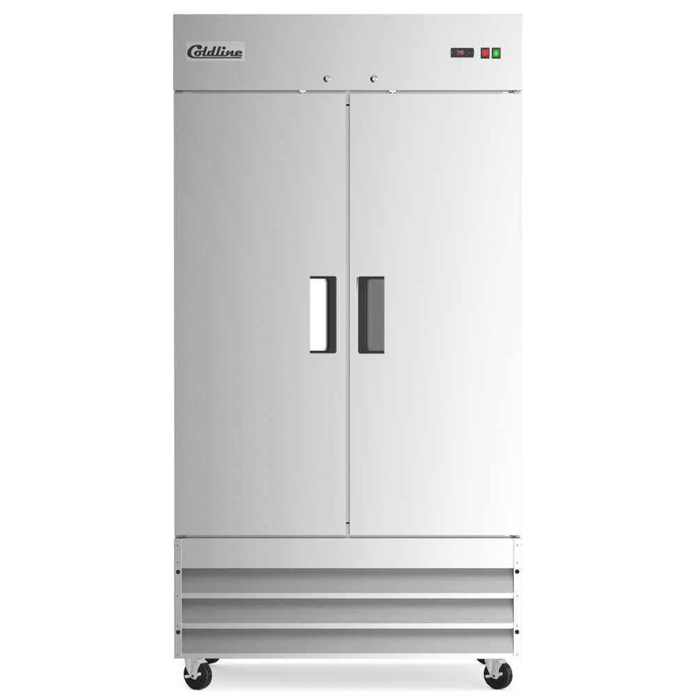 Two-door 40-inch reach-in freezer with a 30-inch depth, stainless steel interior and exterior, and a 27.6 cubic foot storage capacity.