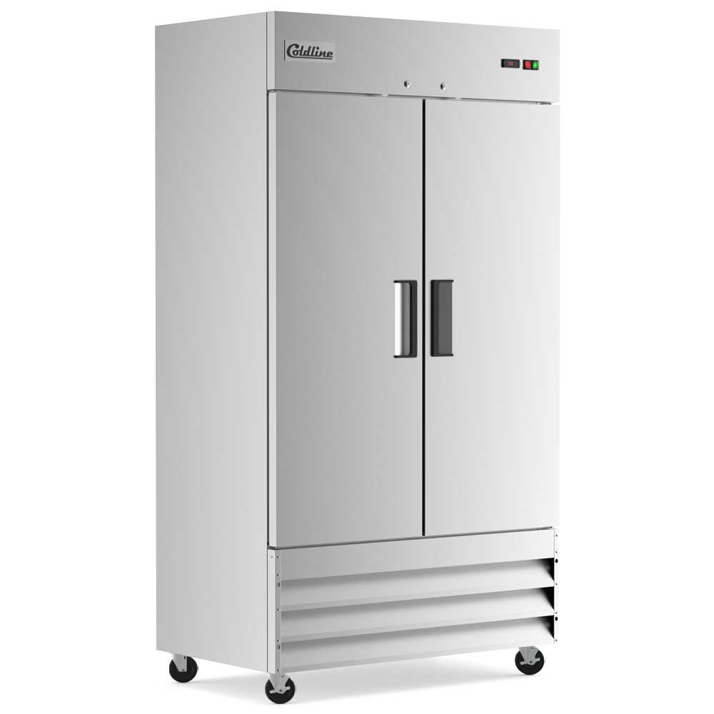 Coldline solid double-door commercial reach-in refrigerator with a spacious design, featuring stainless steel construction and ample storage for commercial use.
