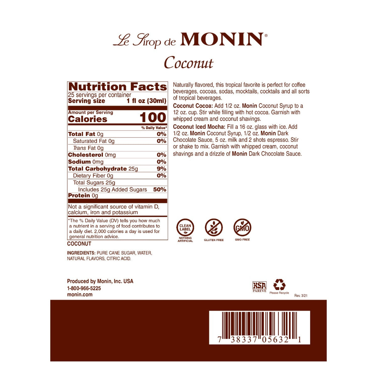 Monin Coconut Syrup 750 mL Bottle additional product image