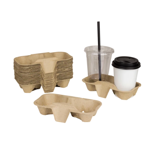 Molded Fiber Disposable 2 Cup Carrier Tray Holder For Hot & Cold Drinks