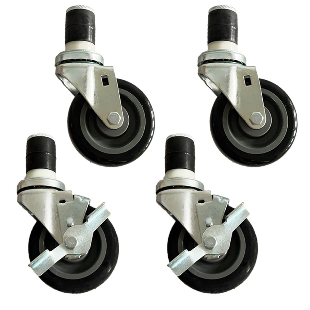 Prepline PPEC-3-SB 3-inch expanding post table casters set of 4 with 2 brakes for smooth mobility and stability of commercial kitchen equipment