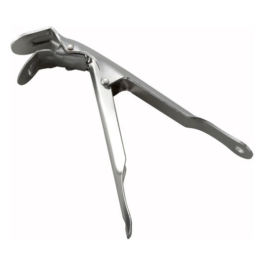 Pizza Pan Gripper 12/Pack designed to be compatible with deep pizza pans. This model has a length of 8 inches and features stainless steel construction. The pizza pan gripper also features a no squeeze self-locking design where loading the pan activates the clamping action.