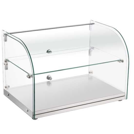 Countertop bakery display case, model Marchia CA45, with clear glass panels and multiple interior shelves for showcasing pastries, cakes, bread, and baked goods. Compact commercial display unit designed for cafes, bakeries, and food counters, offering visibility and organized presentation.