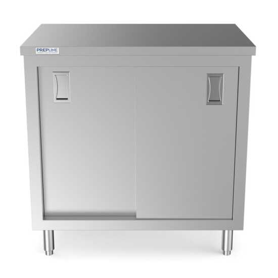 Prepline 24" x 36" stainless steel enclosed base work table with sliding doors and adjustable shelf.