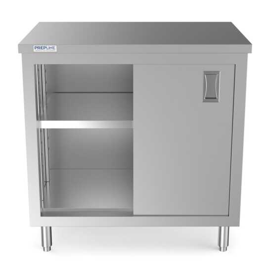 Prepline 24" x 36" stainless steel enclosed base work table with sliding doors and adjustable shelf.