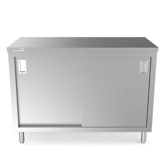 Prepline 24" x 48" stainless steel enclosed base work table with sliding doors and adjustable shelf.