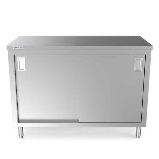 Prepline 24" x 48" stainless steel enclosed base work table with sliding doors and adjustable shelf.
