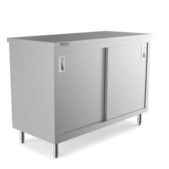 Prepline 24" x 48" stainless steel enclosed base work table with sliding doors and adjustable shelf.