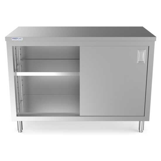 Prepline 24" x 48" stainless steel enclosed base work table with sliding doors and adjustable shelf.