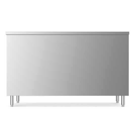 Prepline 24" x 60" stainless steel enclosed base work table featuring sliding doors and an adjustable shelf.