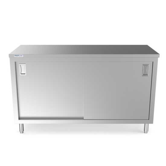 Prepline 24" x 60" stainless steel enclosed base work table featuring sliding doors and an adjustable shelf.