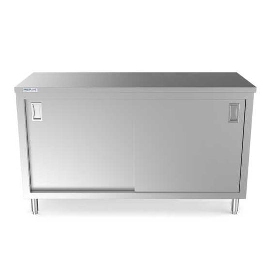 Prepline 24" x 60" stainless steel enclosed base work table featuring sliding doors and an adjustable shelf.