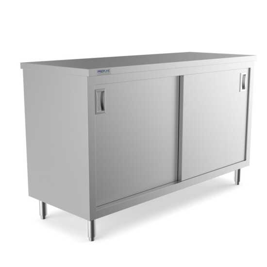 Prepline 24" x 60" stainless steel enclosed base work table featuring sliding doors and an adjustable shelf.