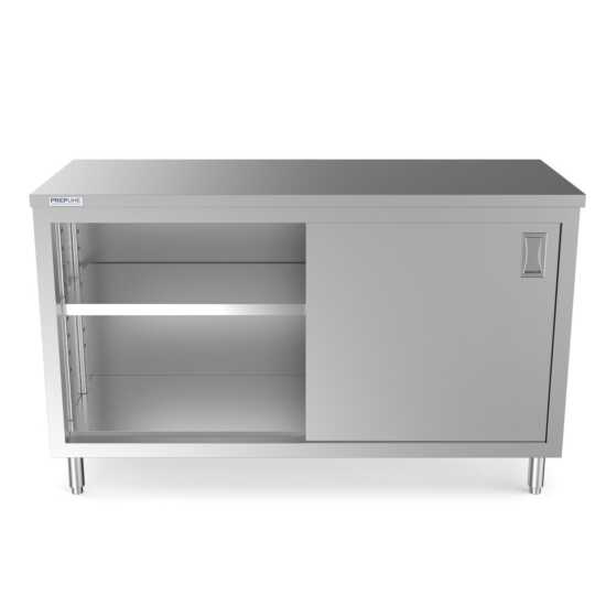 Prepline 24" x 60" stainless steel enclosed base work table featuring sliding doors and an adjustable shelf.