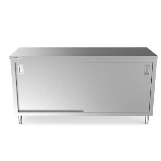 Prepline 24" x 72" stainless steel enclosed base work table featuring sliding doors and an adjustable shelf.