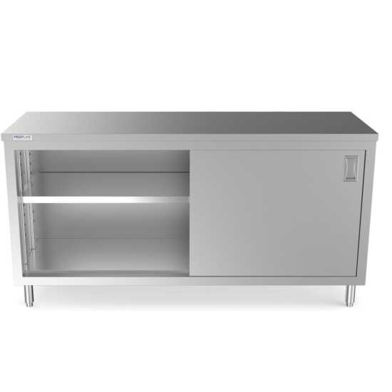 Prepline 24" x 72" stainless steel enclosed base work table featuring sliding doors and an adjustable shelf.
