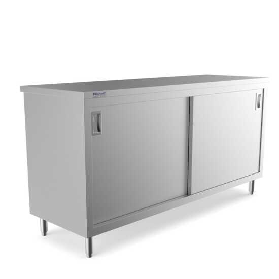 Prepline 24" x 72" stainless steel enclosed base work table featuring sliding doors and an adjustable shelf.