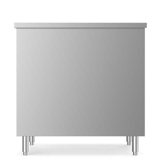 Prepline 30" x 36" stainless steel enclosed base work table featuring sliding doors and an adjustable shelf.
