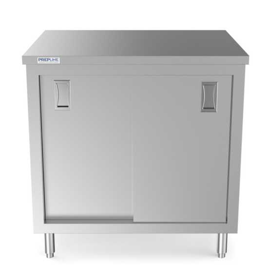Prepline 30" x 36" stainless steel enclosed base work table featuring sliding doors and an adjustable shelf.