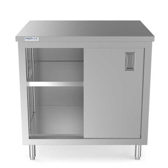 Prepline 30" x 36" stainless steel enclosed base work table featuring sliding doors and an adjustable shelf.