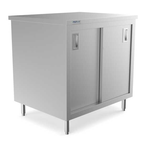 Prepline 30" x 36" stainless steel enclosed base work table featuring sliding doors and an adjustable shelf.
