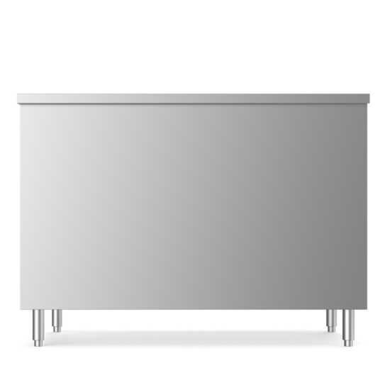 Prepline 30" x 48" stainless steel enclosed base work table featuring sliding doors and an adjustable shelf.