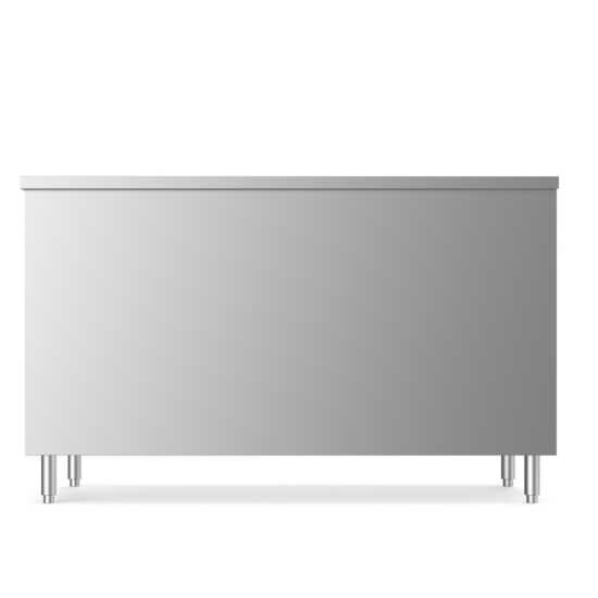 Prepline 30" x 60" stainless steel enclosed base work table with sliding doors and an adjustable shelf for commercial use.