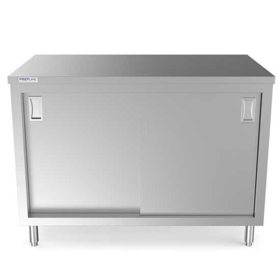 Prepline 30" x 48" stainless steel enclosed base work table featuring sliding doors and an adjustable shelf.