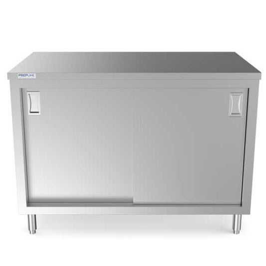 Prepline 30" x 48" stainless steel enclosed base work table featuring sliding doors and an adjustable shelf.