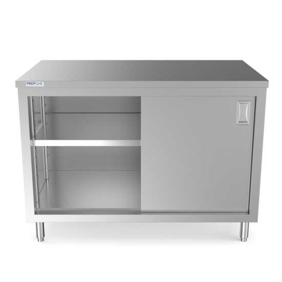 Prepline 30" x 48" stainless steel enclosed base work table featuring sliding doors and an adjustable shelf.