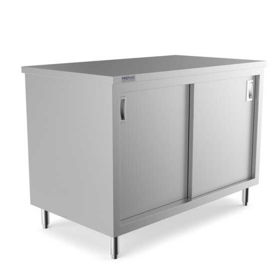 Prepline 30" x 48" stainless steel enclosed base work table featuring sliding doors and an adjustable shelf.