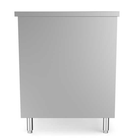 Prepline 30" x 60" stainless steel enclosed base work table with sliding doors and an adjustable shelf for commercial use.