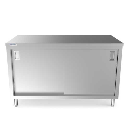 Prepline 30" x 60" stainless steel enclosed base work table with sliding doors and an adjustable shelf for commercial use.