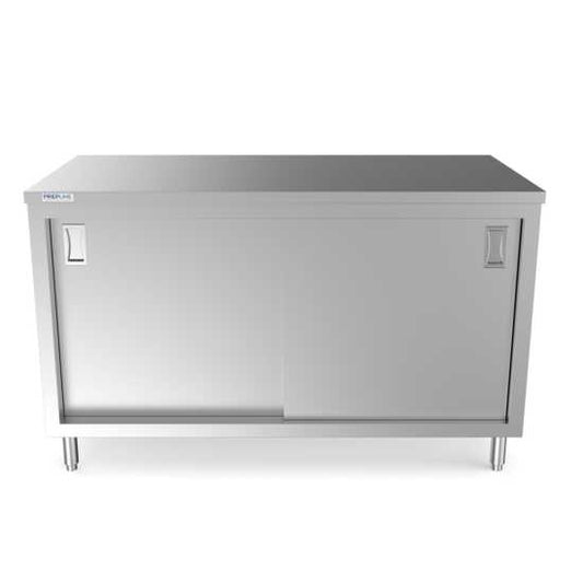 Prepline 30" x 60" stainless steel enclosed base work table with sliding doors and an adjustable shelf for commercial use.