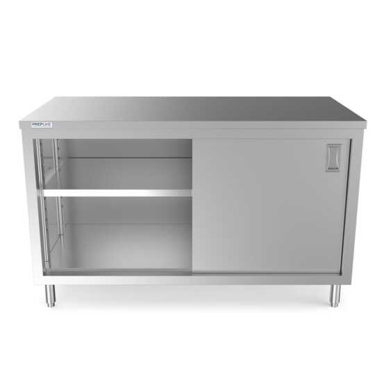 Prepline 30" x 60" stainless steel enclosed base work table with sliding doors and an adjustable shelf for commercial use.