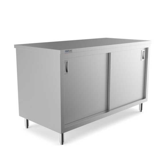 Prepline 30" x 60" stainless steel enclosed base work table with sliding doors and an adjustable shelf for commercial use.