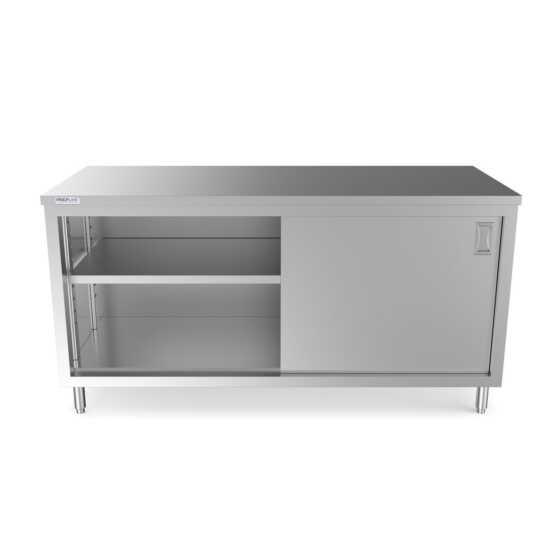 Prepline 30" x 72" stainless steel enclosed base work table featuring sliding doors and an adjustable shelf for efficient storage in commercial kitchens.