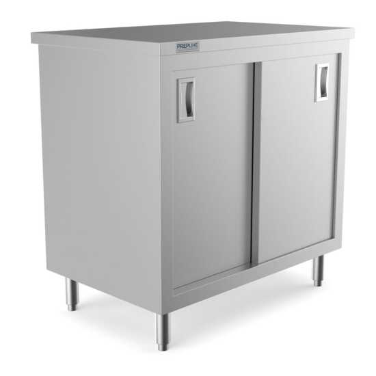 Prepline 24" x 36" stainless steel enclosed base work table with sliding doors and adjustable shelf.