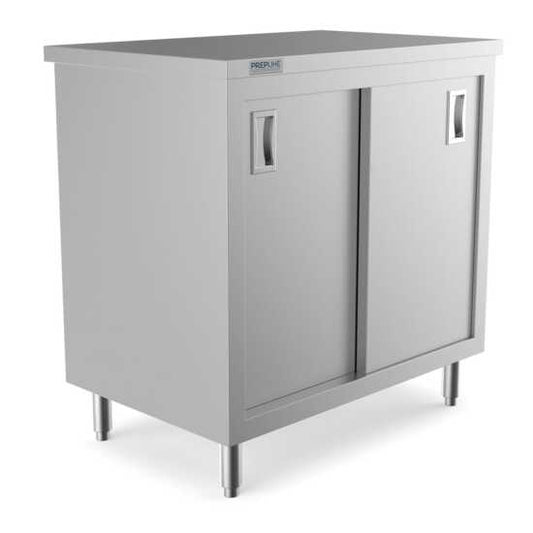 Prepline 24" x 36" stainless steel enclosed base work table with sliding doors and adjustable shelf.