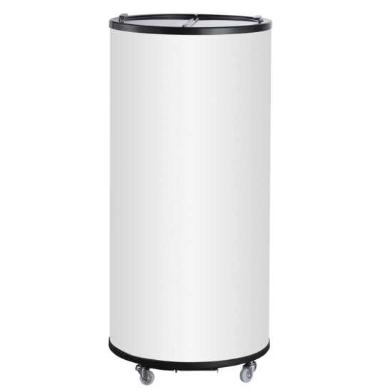 White cold drink barrel merchandiser refrigerator with a 2 cu. ft. capacity, designed for displaying and cooling beverages. Ideal for retail or event spaces, offering a compact, eye-catching display.